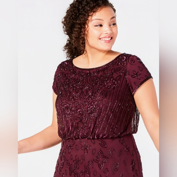 NWT, Adriana Papell, Cassis Colored, Simmering Beaded, Blouson Gown, Size 18W - Picture 4 of 14